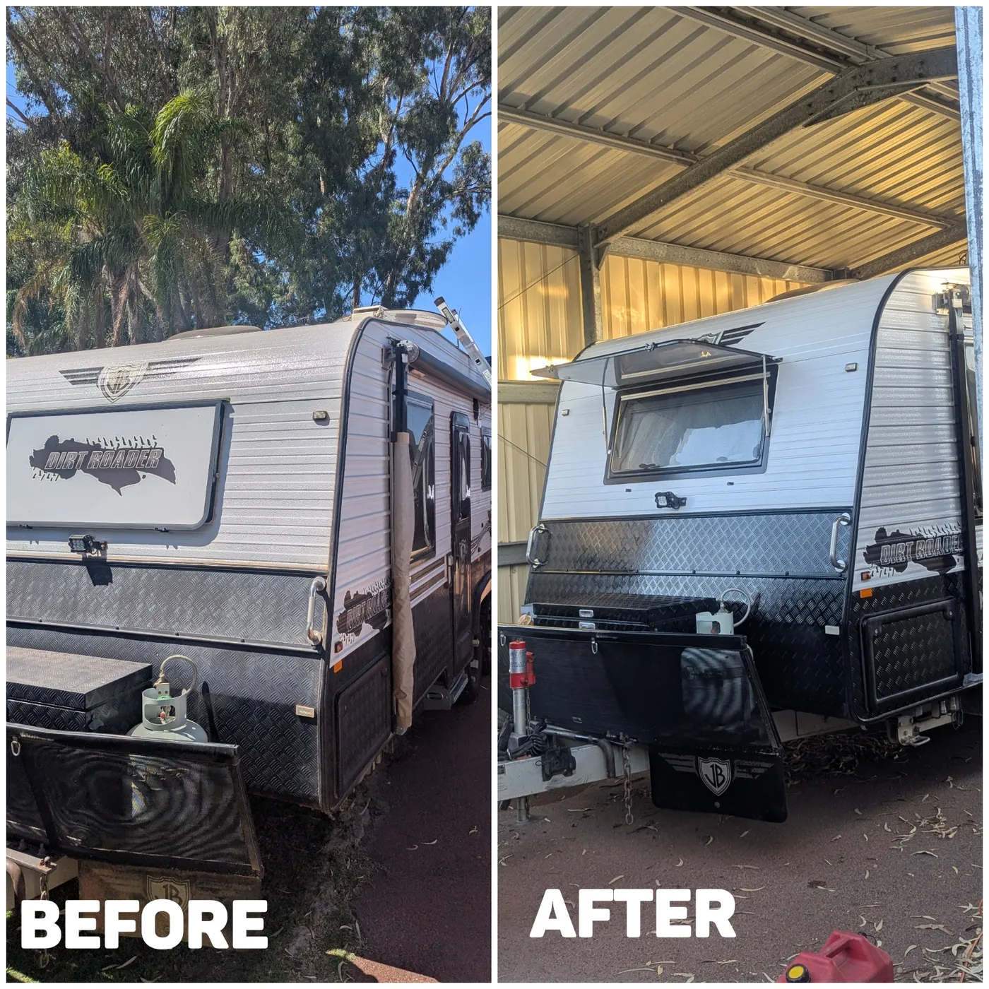 Caravan exterior detail before and after by Mobile Masters Detailing, Perth