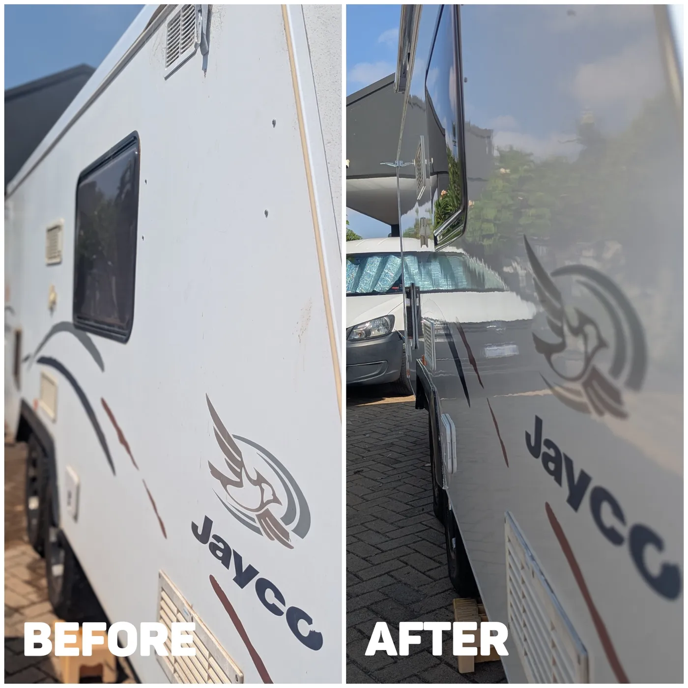 Caravan wash & polish before and after by Mobile Masters Detailing, Perth