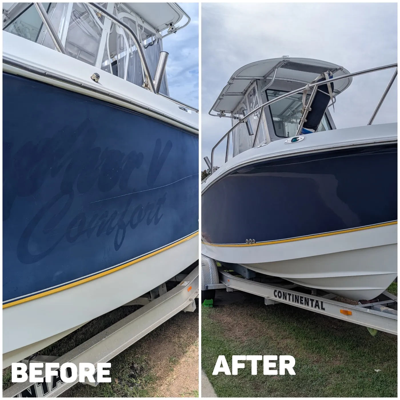 Boat hull cut & polish before and after by Mobile Masters Detailing, Perth