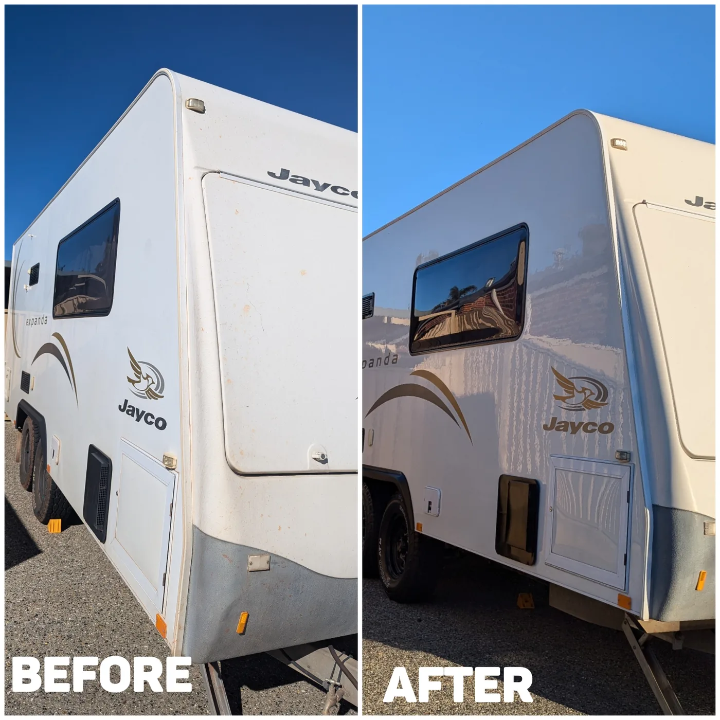 Caravan paint restore before and after by Mobile Masters Detailing, Perth