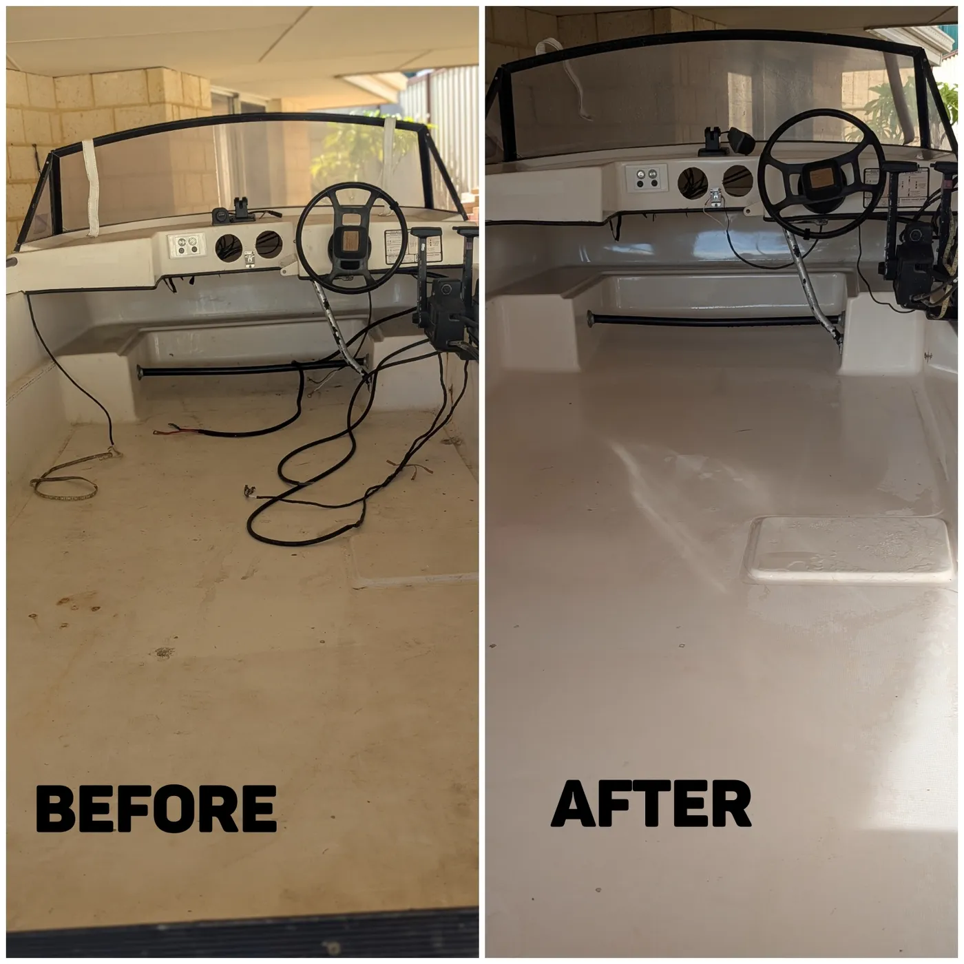 Boat interior detail before and after by Mobile Masters Detailing, Perth