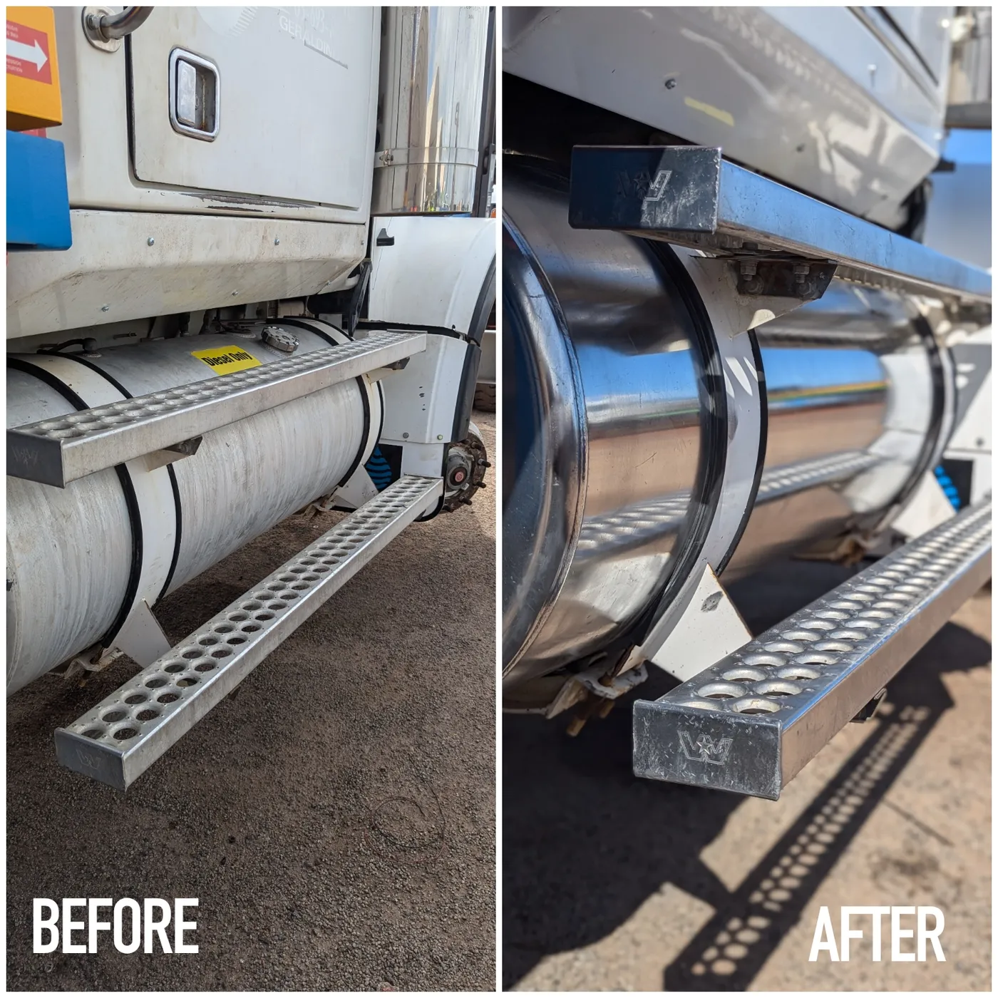 Truck tank polish before and after by Mobile Masters Detailing, Perth