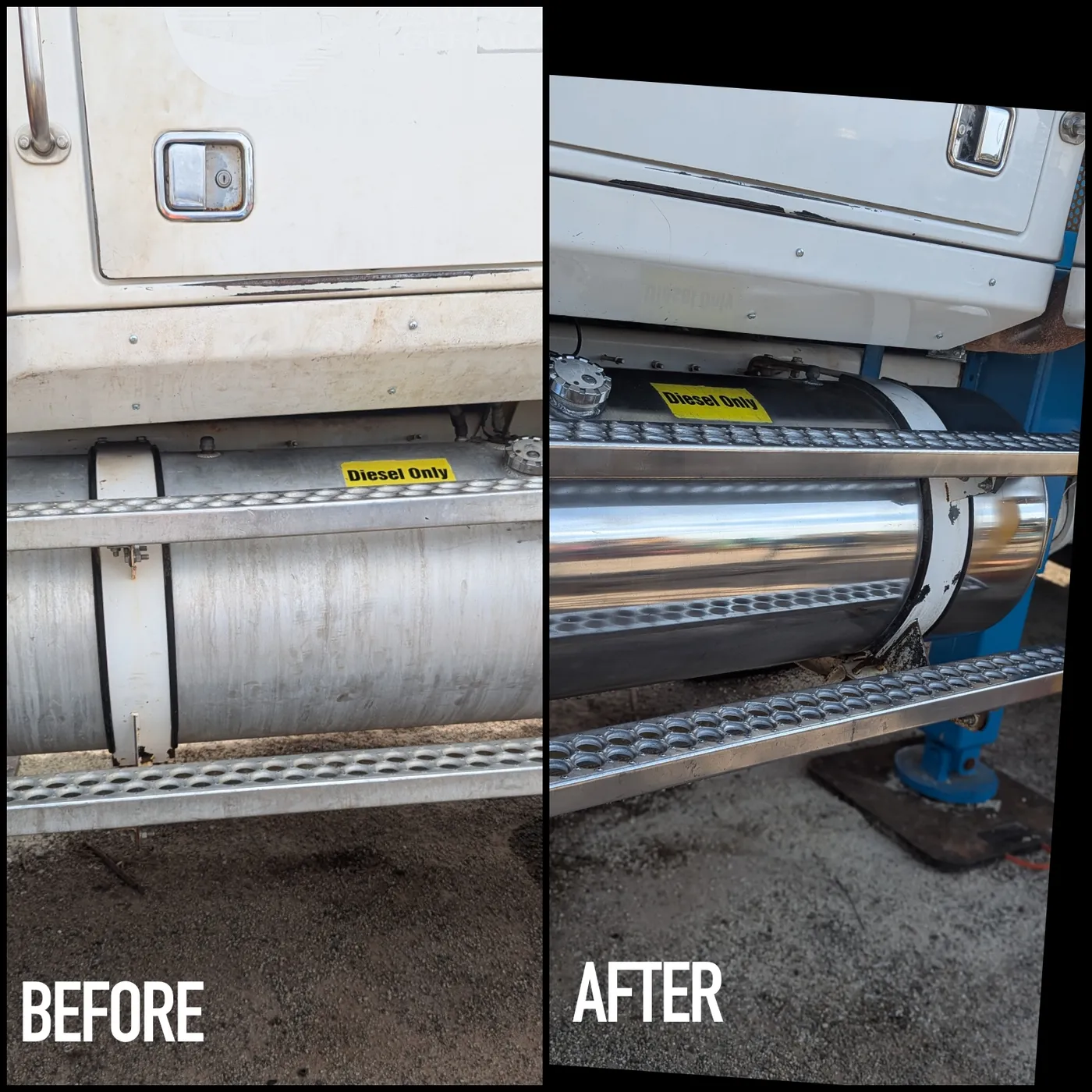 Alloy tank polish before and after by Mobile Masters Detailing, Perth